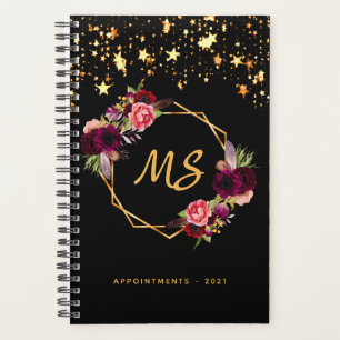 Black gold geometric burgundy floral monogram 2025 planner