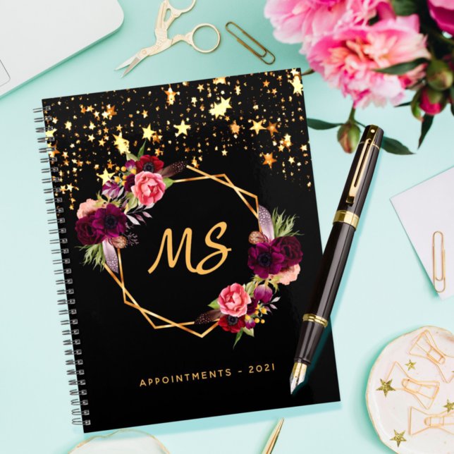 Black gold geometric burgundy floral monogram 2025 planner (Creator Uploaded)