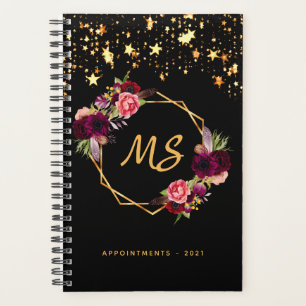 Black gold geometric burgundy floral monogram 2026 planner