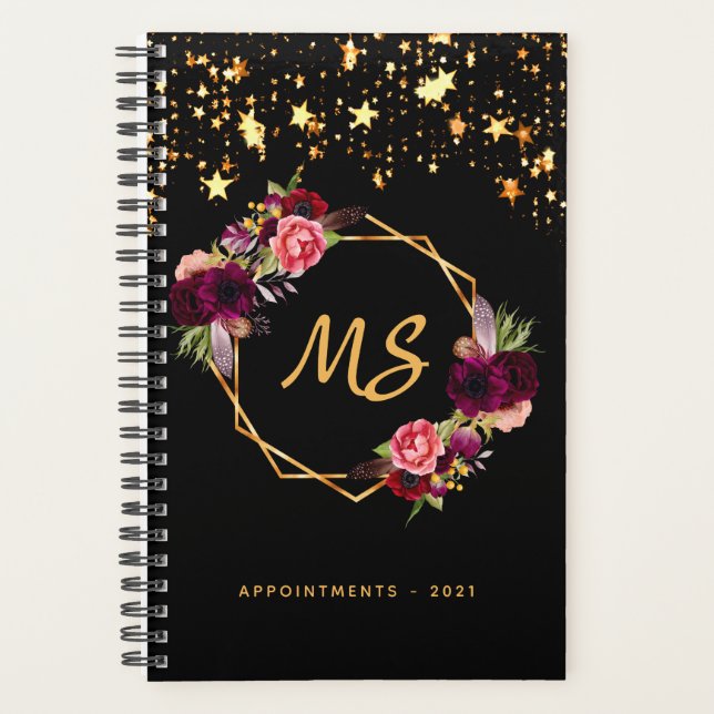 Black gold geometric burgundy floral monogram 2026 planner (Front)
