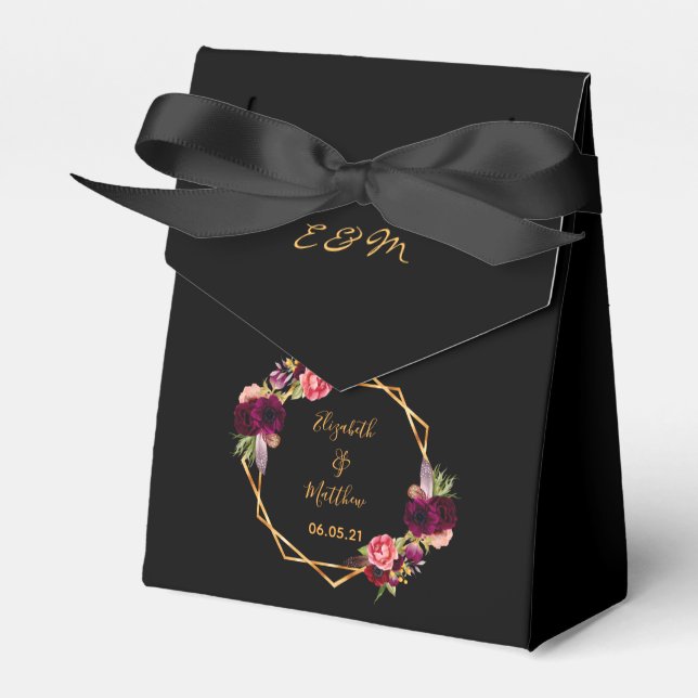 Black gold geometric burgundy florals wedding favour box (Front Side)