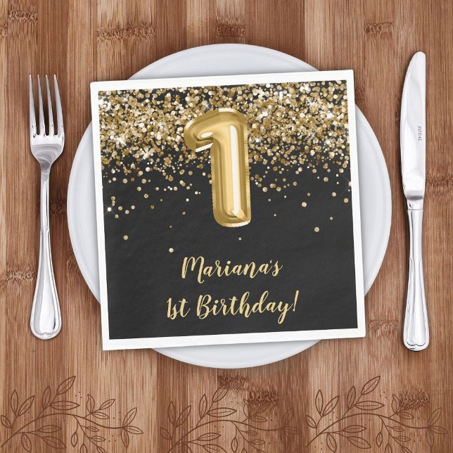 Black Gold Girl 1st Birthday Party Napkin (Creator Uploaded)