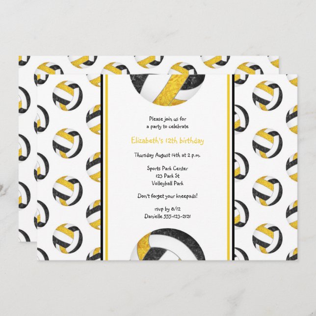 black gold girls' volleyball birthday party invitation (Front/Back)