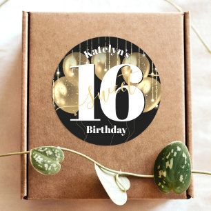 Black Gold Girly Luxury Sweet 16 Birthday Balloons Classic Round Sticker