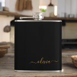 Black Gold Girly Script Monogram Name Modern Hip Flask<br><div class="desc">Gold and Black Monogram Add Your Own Name Party Flask. This makes the perfect sweet 16 birthday,  wedding,  bridal shower,  anniversary,  baby shower or bachelorette party gift for someone that loves glam luxury and chic styles.</div>