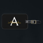 Black Gold Girly Script Monogram Name Modern Luggage Tag<br><div class="desc">Black and Gold Monogram Add your own Name Script Luggage Bag Tag The bag tag makes the perfect sweet 16 birthday,  wedding,  bridal shower,  baby shower or bachelorette party gift for someone decorating her room in style.</div>