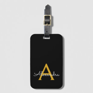 Black Gold Girly Script Monogram Name Modern Luggage Tag