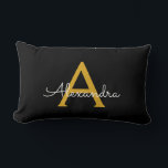 Black Gold Girly Script Monogram Name Modern Lumbar Cushion<br><div class="desc">Gold and Black Monogram Add Your Own Name Lumbar Pillow. This makes the perfect sweet 16 birthday,  wedding,  bridal shower,  anniversary,  baby shower or bachelorette party gift for someone that loves glam luxury and chic styles.</div>