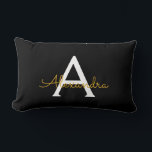 Black Gold Girly Script Monogram Name Modern Lumbar Cushion<br><div class="desc">Gold and Black Monogram Add Your Own Name Lumbar Pillow. This makes the perfect sweet 16 birthday,  wedding,  bridal shower,  anniversary,  baby shower or bachelorette party gift for someone that loves glam luxury and chic styles.</div>