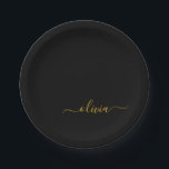 Black Gold Girly Script Monogram Name Modern Paper Plate<br><div class="desc">Gold and Black Monogram Add Your Own Name Script Party Plates. This makes the perfect sweet 16 birthday,  wedding,  bridal shower,  anniversary,  baby shower or bachelorette party gift for someone that loves glam luxury and chic styles.</div>
