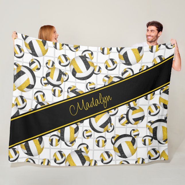 black gold girly volleyballs pattern w net accent fleece blanket (In Situ)