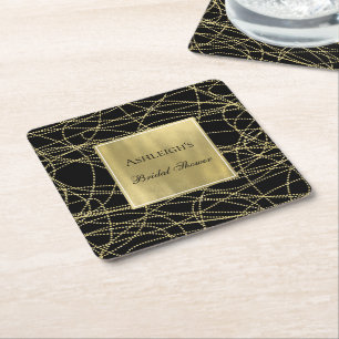 Black Gold Glam Abstract Bridal Shower Square Paper Coaster