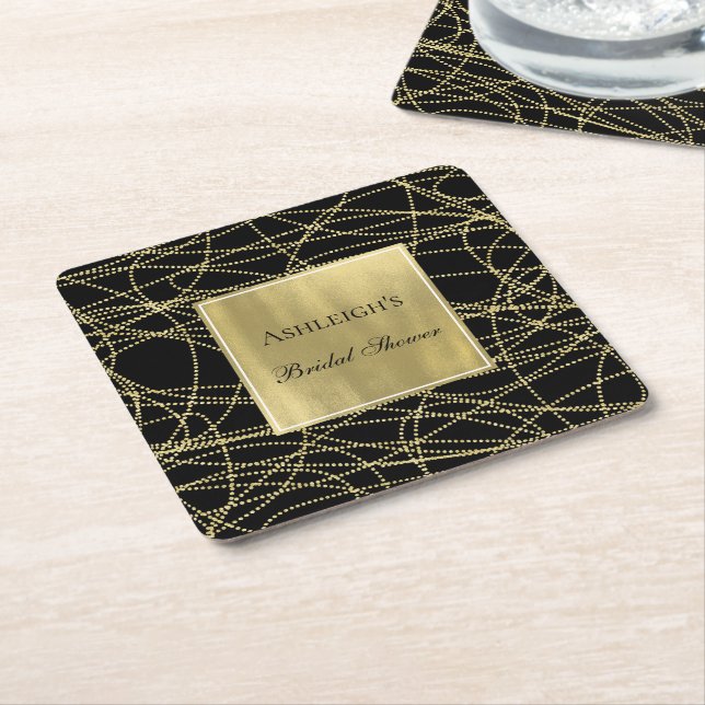Black Gold Glam Abstract Bridal Shower Square Paper Coaster (Angled)