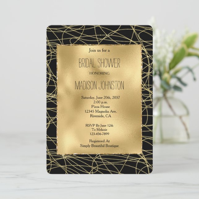 Black Gold Glam Confetti Abstract Bridal Shower Invitation (Standing Front)