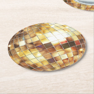 Black Gold Glam Disco Ball Birthday Round Paper Coaster