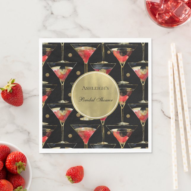 Black Gold Glam Drinks Bridal Shower Napkin (Insitu)