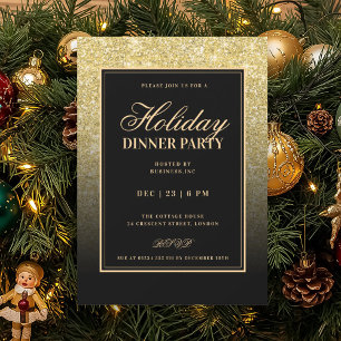 Black & Gold Glam FAUX Glitter Holiday Dinner  Invitation