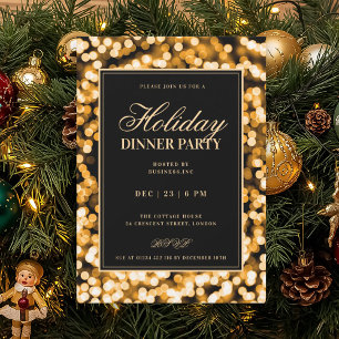 Black & Gold Glam Lights Holiday Dinner Party Invitation