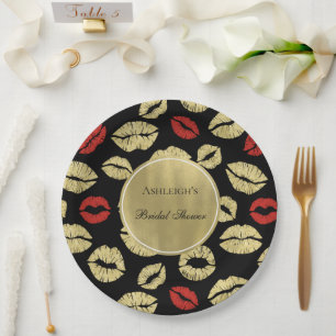 Black Gold Glam Lips Bridal Shower Paper Plate