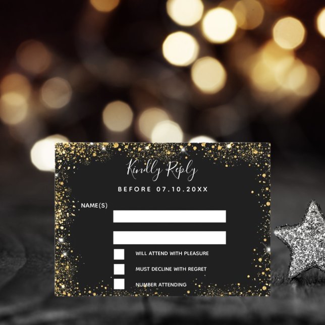 Black gold glamourous wedding RSVP Card (Creator Uploaded)
