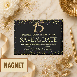 Black Gold Glitter 15th Birthday Save the Date Magnet