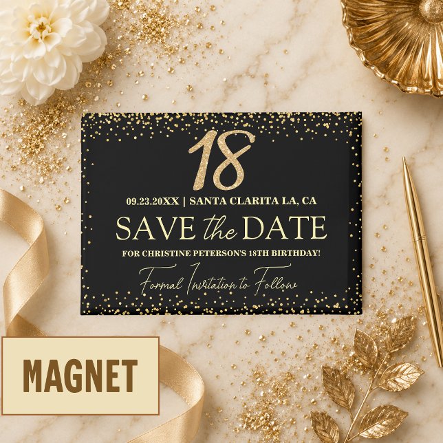 Black Gold Glitter 18th Birthday Save the Date Magnet (Creator Uploaded)
