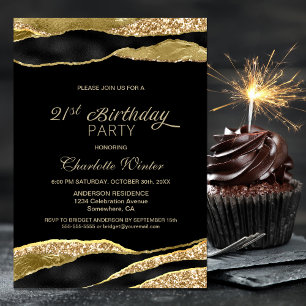 Black Gold Glitter 21st Birthday Party Invitation