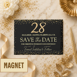Black Gold Glitter 28th Birthday Save the Date Magnet