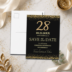 Black Gold Glitter 28th Birthday Save the Date Postcard