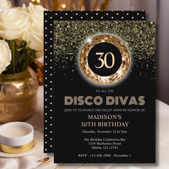 Black Gold Glitter 30th Birthday Disco Party Invitation (Creator Uploaded)