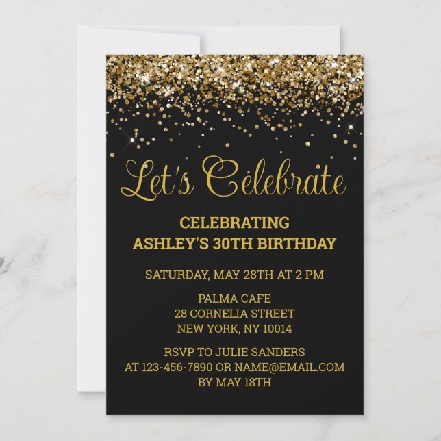 Black & Gold Glitter 30th Birthday Let's Celebrate Invitation (Front)