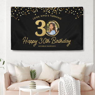 Black Gold Glitter 30th Birthday Party Your Photo  Banner