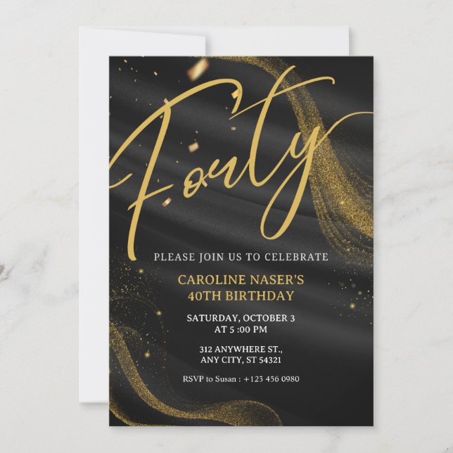 Black & Gold Glitter 40th Birthday Invitation   (Front)