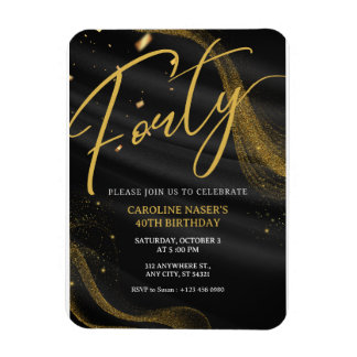 Black & Gold Glitter 40th Birthday Invitation Magnet