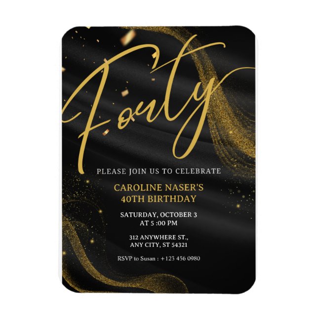Black & Gold Glitter 40th Birthday Invitation   Magnet (Vertical)