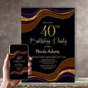 Black Gold Glitter 40th Birthday Party Invitation