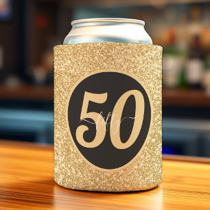 Black & Gold Glitter 50 Fifty Years 50th Birthday Can Cooler