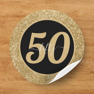 Black & Gold Glitter 50 Fifty Years 50th Birthday Classic Round Sticker