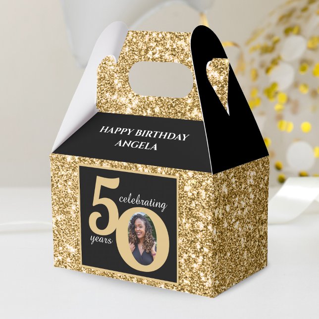 Black & Gold Glitter 50 Fifty Years 50th Birthday Favour Box (Black & Gold Glitter 50 Fifty Years 50th Birthday Favor Box)