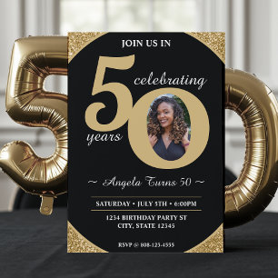 Black & Gold Glitter 50 Fifty Years 50th Birthday Invitation