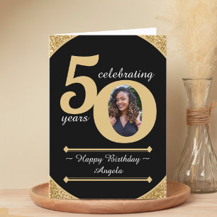 Black & Gold Glitter 50 Fifty Years 50th Birthday Thank You Card