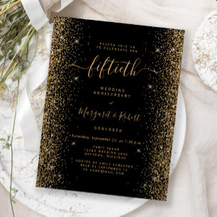Black Gold Glitter 50th Anniversary Party Postcard
