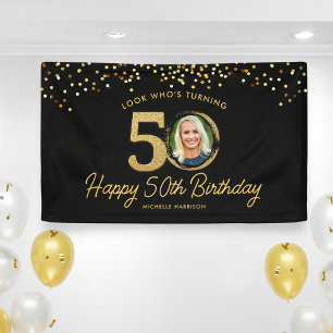 Black Gold Glitter 50th Birthday Party Your Photo  Banner