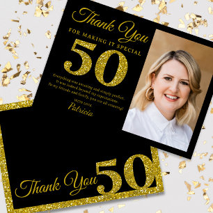 Black Gold Glitter 50th Birthday Photo Thank You