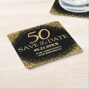 Black Gold Glitter 50th Birthday Save the Date Square Paper Coaster