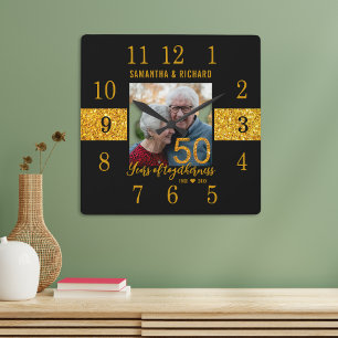 Black Gold Glitter 50th Wedding Anniversary Photo Square Wall Clock