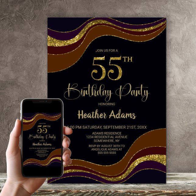 Black Gold Glitter 55th Birthday Party Invitation (Creator Uploaded)