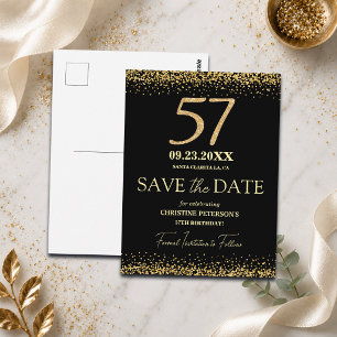 Black Gold Glitter 57th Birthday Save the Date Postcard