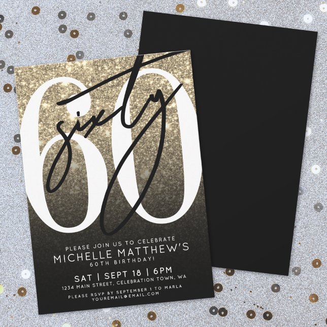 Black Gold Glitter 60th Birthday Invitation (Black Gold Glitter 60th Birthday Invitation)