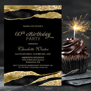 Black Gold Glitter 60th Birthday Party Invitation